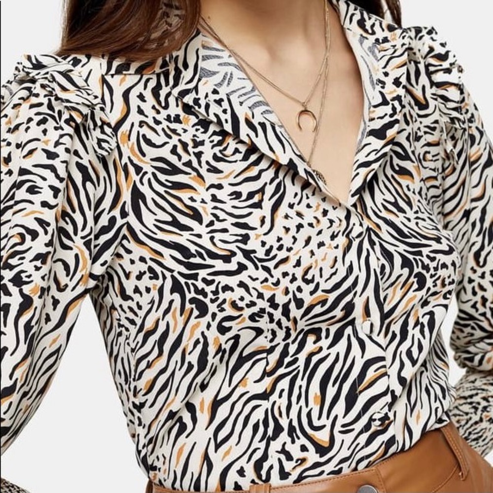 Topshop frill shoulder animal print shirred top